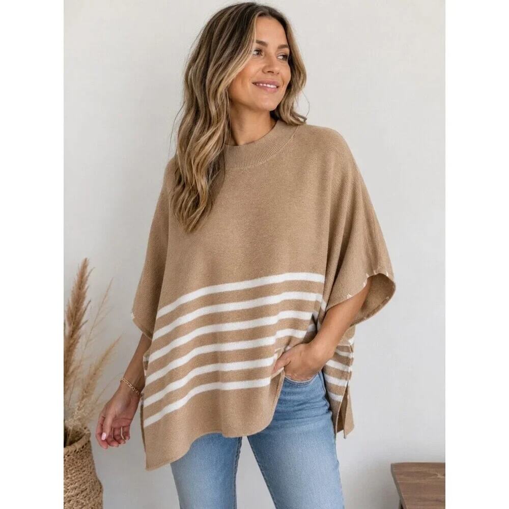NWTGS J.Crew Poncho Sweater Striped Cotton Blend BO992 RT $89